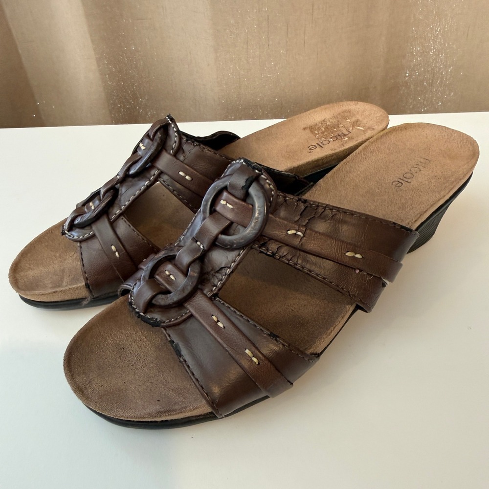 Nicole Brown Wedge Sandals O-Ring Strap Slip On Mules 7M Handcrafted Style